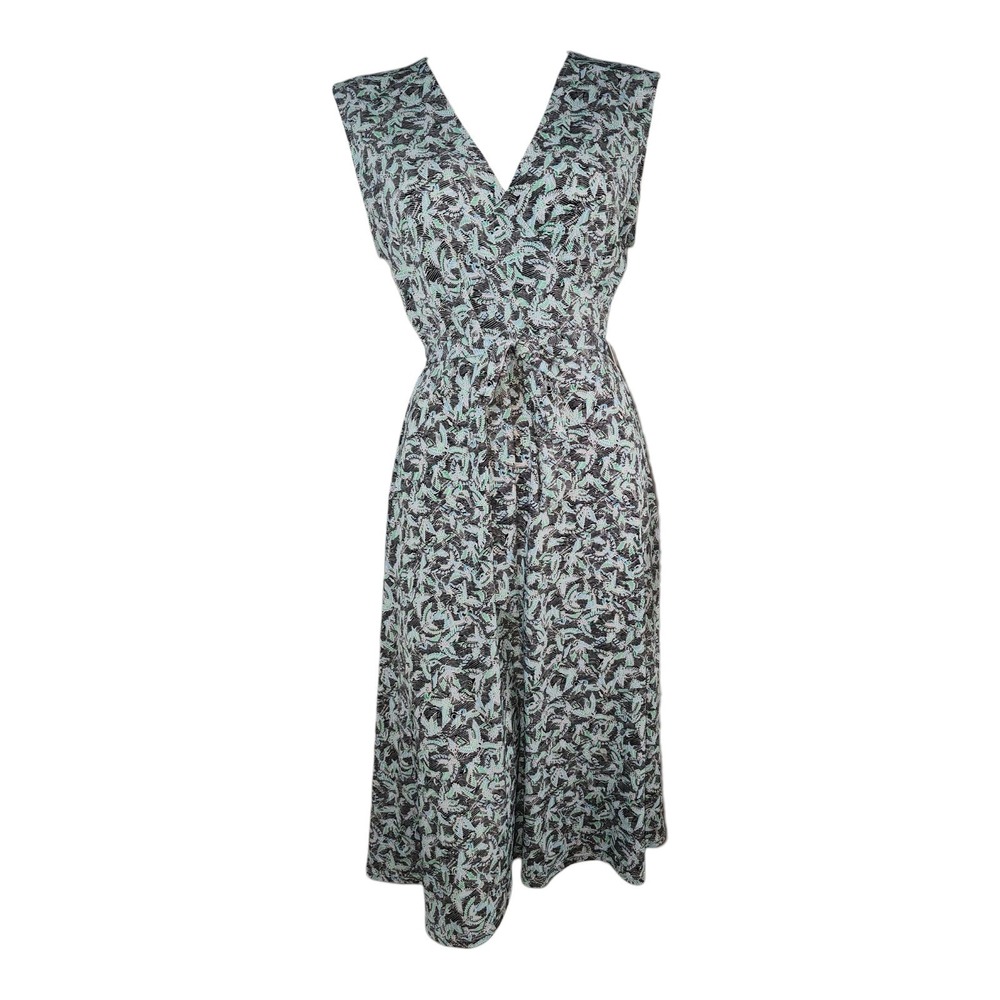 Leota Dress Womens Size L Large Black Green Blue Birds Pattern Belted Midi